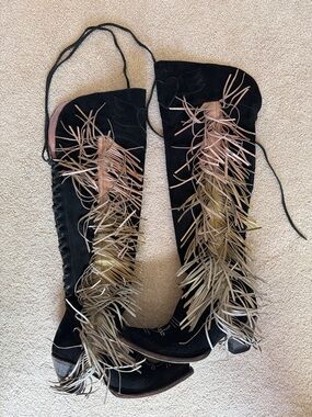 Black Suede Over-The-Knee Fringe Boots with Multicolor Accent